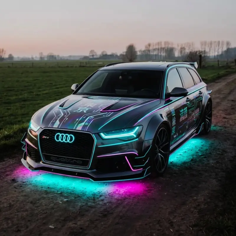 Audi RS6 в стиле киберпанк с неоновой подсветкой — AI-трансформация