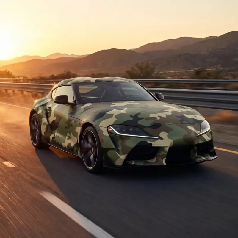 Toyota Supra в военном хаки покрытии — AI-визуализация оклейки плёнкой